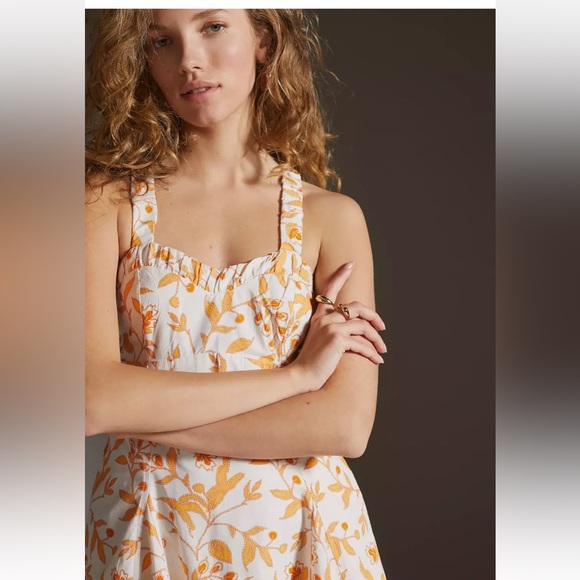 Anthropologie Maeve Sweetheart Floral Orange Yellow Mini Dress Size Large - Picture 3 of 14